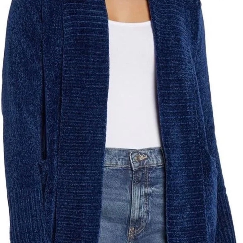 Orvis Womens Cardigan Sweater Chenille Pockets Soft Open-Front Midweight in Navy